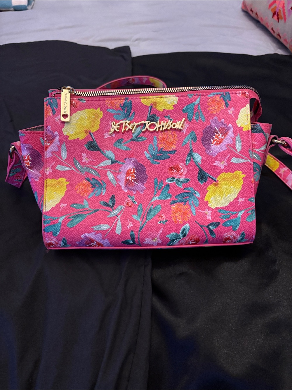 Betsey Johnson Hot Pink Floral Crossbody with Gold Logo